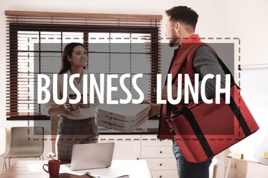 Courier giving order to young woman in office. Business lunch