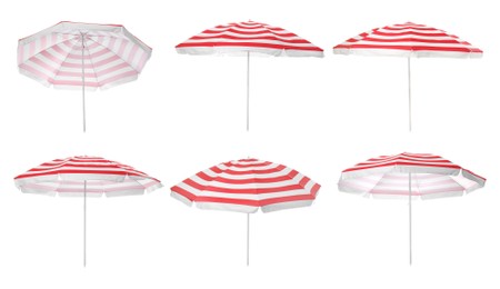 Set with striped beach umbrellas on white background