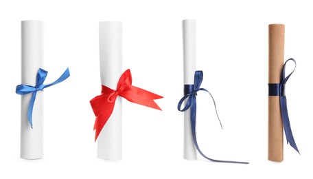 Rolled student's diplomas with blue and red ribbons on white background, collage. Banner design