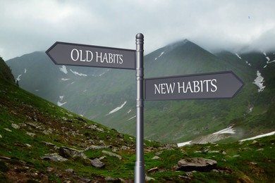 Alcohol addiction: what to choose - life with old bad habits or new good ones? Signpost with different directions against mountain landscape