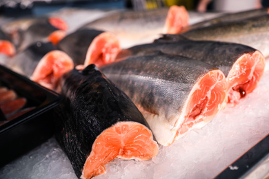 Photo of Fresh fish on ice in supermarket, closeup