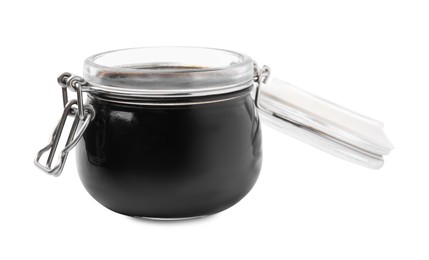 Photo of Glass jar with balsamic glaze isolated on white
