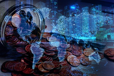 Image of Multiple exposure of coins, world map and cityscape. Online payment concept