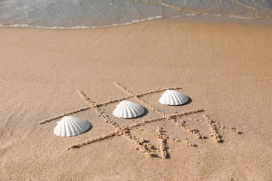 Playing Tic tac toe game with shells on sand near sea. Space for text