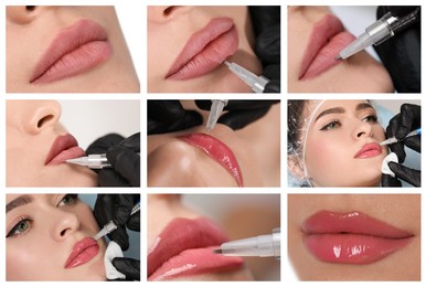 Collage with different photos of women undergoing permanent lip makeup