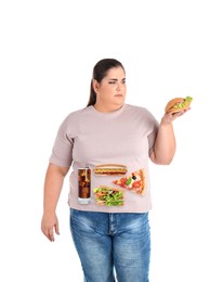 Overweight woman with images of different unhealthy food on her belly against white background