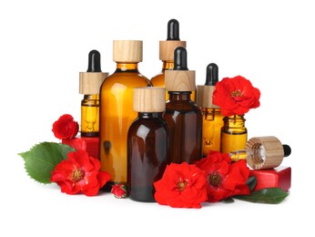 Different essential oils in bottles and beautiful flowers on white background
