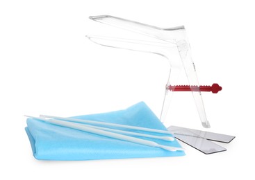 Sterile gynecological examination kit on white background