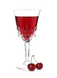 Delicious cherry wine with ripe juicy berries isolated on white
