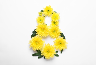 8 March greeting card design with chrysanthemum flowers on white background, top view. International Women's day