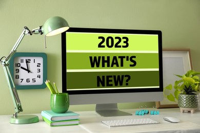 Image of Future trends. 2023 What's New? text on computer monitor. Workplace with white table