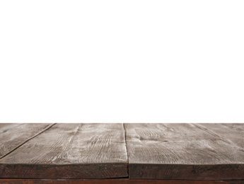 Photo of Empty wooden surface isolated on white. Mockup for design