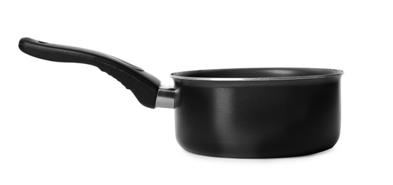 Empty modern black saucepan isolated on white