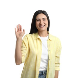 Happy woman waving to say hello on white background