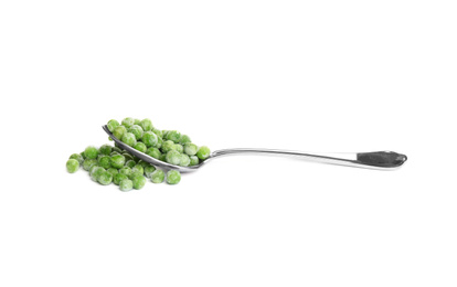 Frozen peas in spoon isolated on white. Vegetable preservation