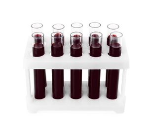 Image of Test tubes with blood samples in rack on white background. Laboratory analysis