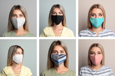 Collage with photos of women wearing protective face masks on light grey background