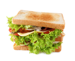 Photo of Yummy sandwich with bacon and chicken isolated on white
