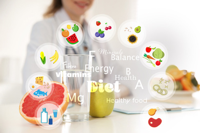 Nutritionist's recommendations. Doctor with healthy products at table, closeup