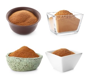 Set with aromatic cinnamon powder on white background