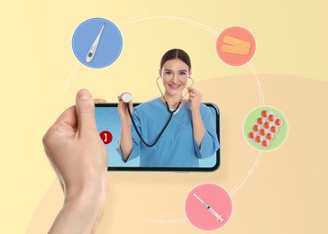 Online medicine. Closeup view of woman having appointment with doctor via smartphone on color background