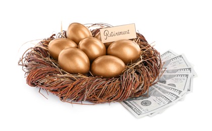 Many golden and card with word Retirement eggs in nest near money on white background. Pension concept