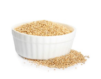 Photo of Bowl with raw quinoa on white background