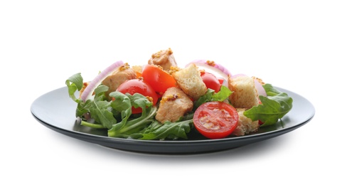 Delicious fresh chicken salad with vegetables and croutons isolated on white