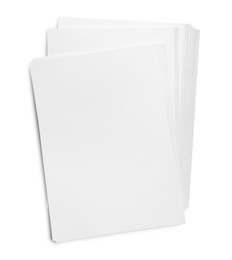Pile of paper sheets on white background, top view