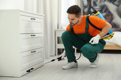 Pest control worker spraying insecticide near chest of drawers indoors