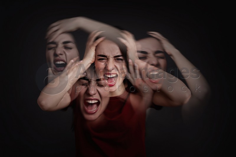 Woman with personality disorder on dark background, multiple exposure 