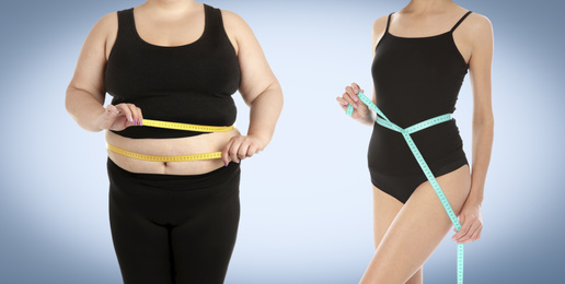 Slim and overweight women on color background, closeup
