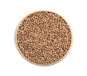 Photo of Dried coriander seeds in wooden bowl on white background, top view