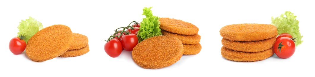 Set with tasty breaded cutlets on white background, banner design 