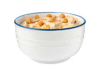 Bowl of tasty hummus with chickpeas and paprika isolated on white