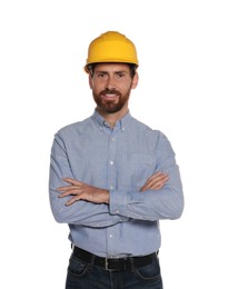 Professional engineer in hard hat isolated on white