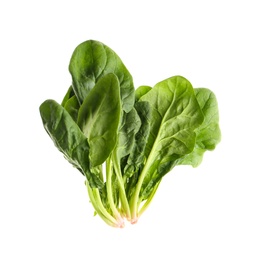 Fresh green healthy spinach leaves isolated on white, top view