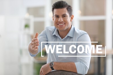 Image of Happy businessman offering handshake indoors, focus on hand. Welcome to team