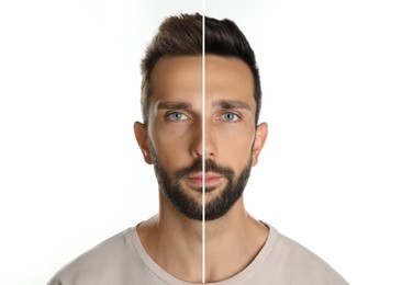 Image of Handsome man before and after hair dyeing on white background, collage