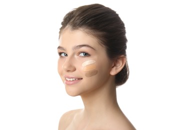 Beautiful girl on white background. Using concealer and foundation for face contouring