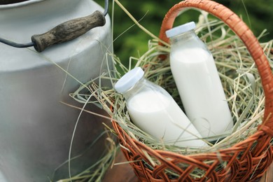 Tasty fresh milk in wicker basket outdoors, closeup
