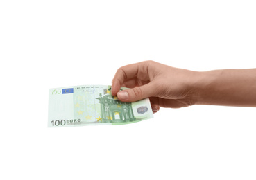 Woman with euro banknote on white background, closeup. Money and finance