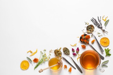 Freshly brewed tea and dried herbs on white background, top view. Space for text