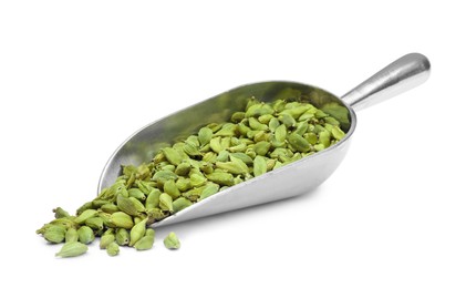 Metal scoop with dry cardamom seeds on white background