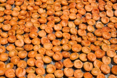 Photo of Many halved apricots on metal drying rack