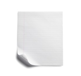 Photo of Lined sheet of paper with turned down corner on white background, top view