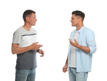 Men in casual clothes talking on white background