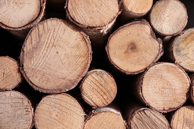 Stacked firewood as background, closeup view. Decorative material