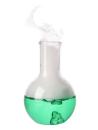 Photo of Laboratory flask with colorful liquid and steam isolated on white. Chemical reaction