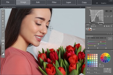 Professional photo editor application. Image of woman with red tulips